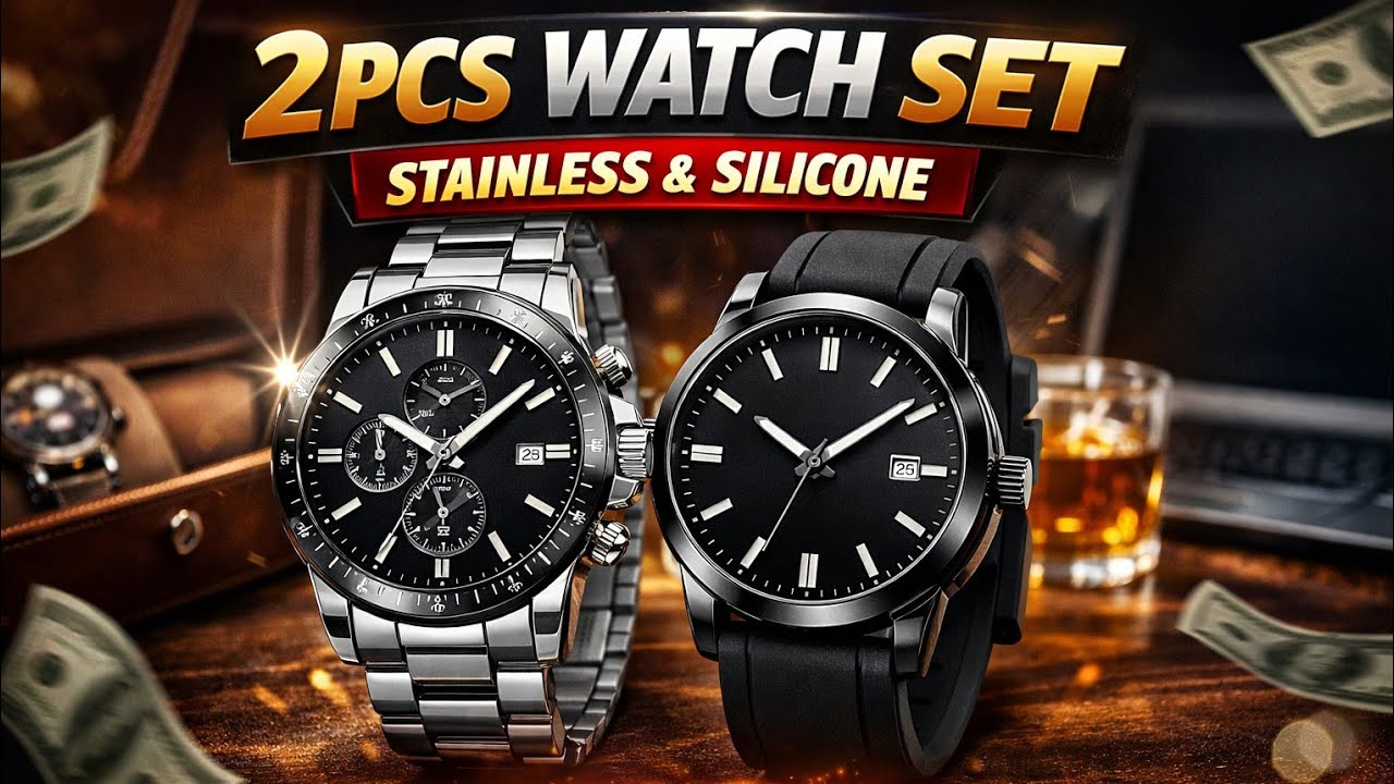 2pcs Vintage Men's Quartz Watch Set  Stainless Steel & Silicone