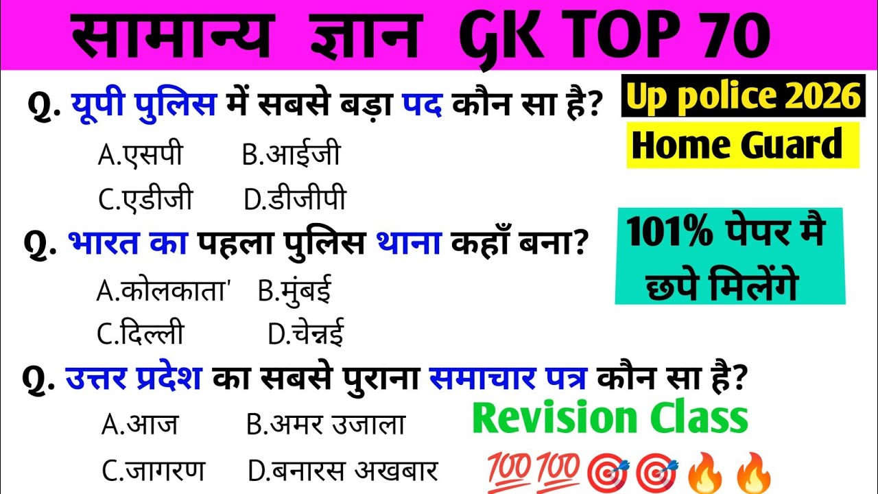 UP Police & Home Guard GK/GS|टॉप 70 Most Important Questions|up police2026 #uppolice#upsi