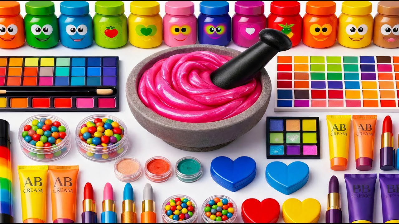 فيديو مرضي DIY سلايم ASMR | مزج مستحضرات التجميل اللامعة وأحمر الشفاه في سلايم قوس قزح