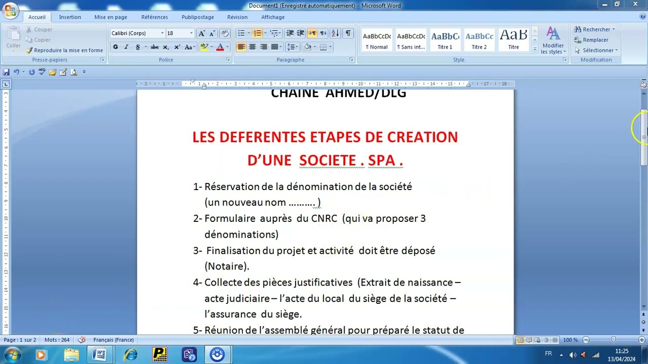VOIR  LES DEFERENTES  ETAPES DE CREATION D'UNE SOCIETE SPA   CHAINE AHMED/DLG