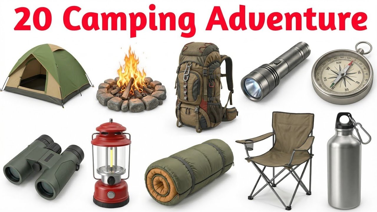 कैंपिंग एडवेंचर के 20 सामान | 20 Camping Adventure Objects Name in English and Hindi