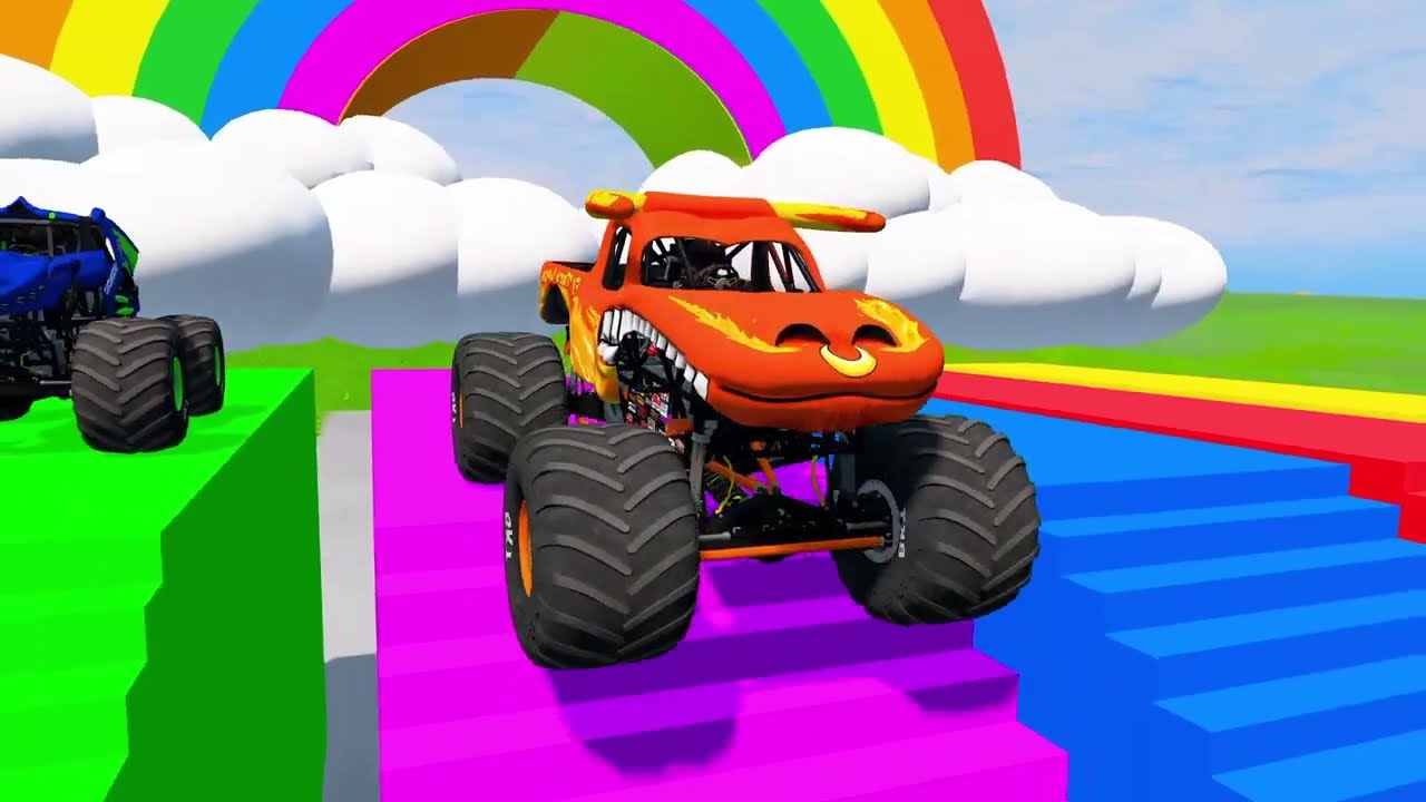 Colorful Monster Truck Stunts on Rainbow Road in Beamng.drive