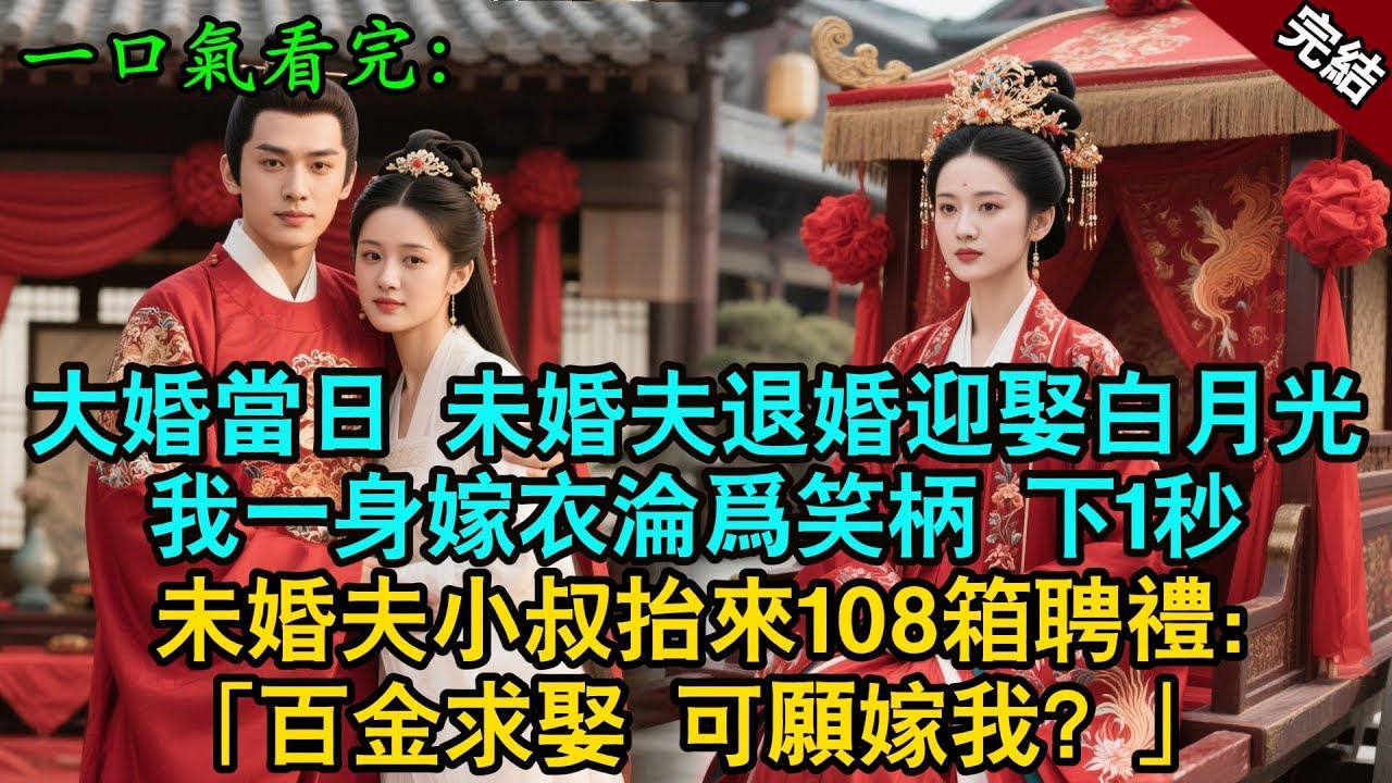 完結古言爽文：大婚當日未婚夫當衆退婚，轉而迎娶白月光。我一身嫁衣淪爲笑柄，下1秒未婚夫小叔抬來108箱聘禮：“百金求娶，可愿嫁我？#古言 #小説 #古風 #故事 #爽文 #打臉 #愛情 #追妻火
