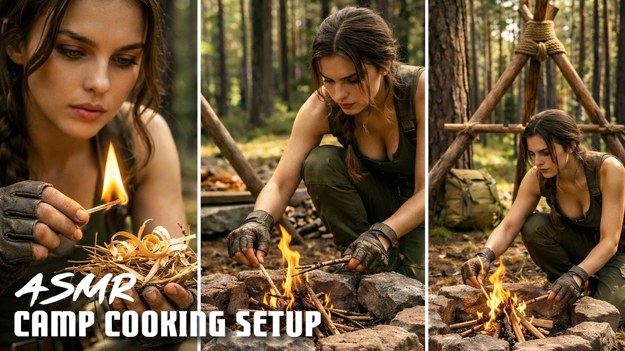 ASMR Camp Cooking Setup | Silent Bushcraft Cooking Tripod + Fire