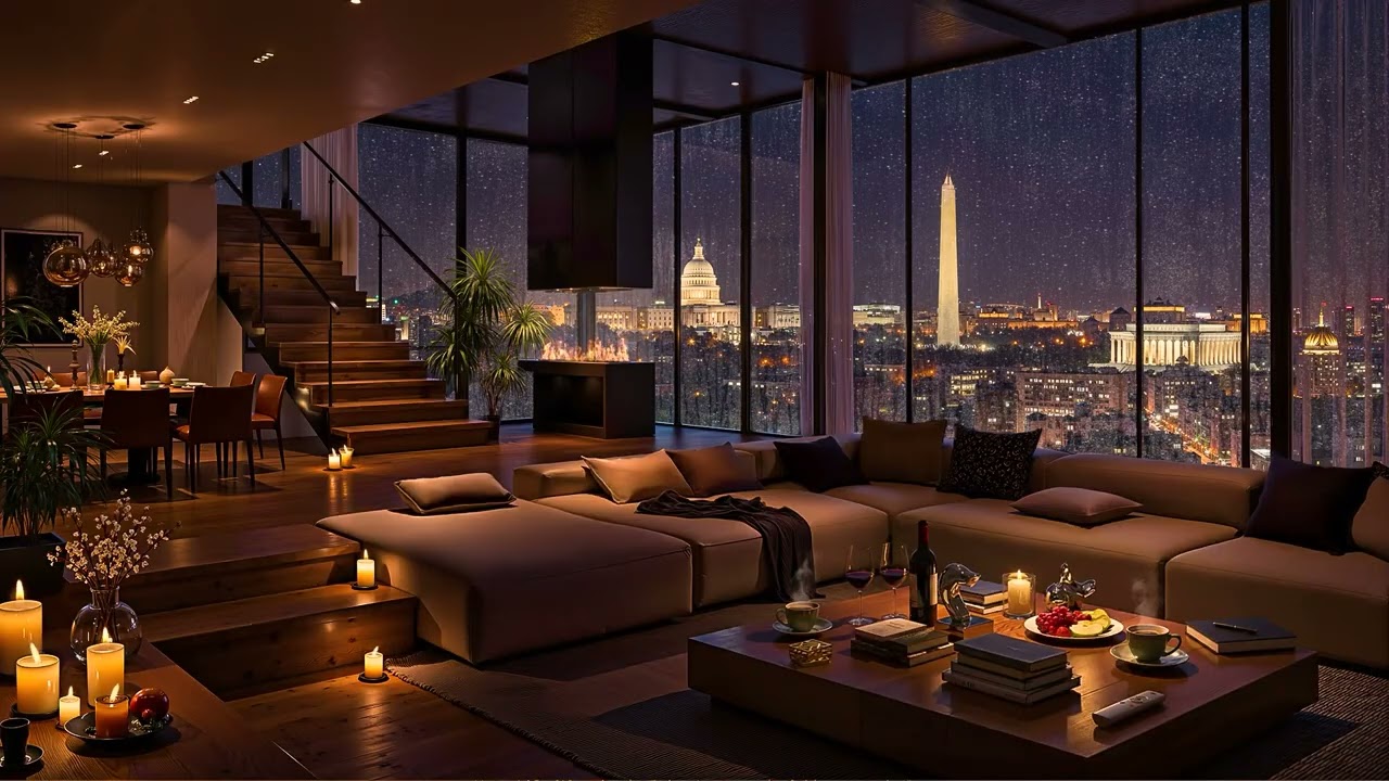 Luxury Apartment in Washington, DC 🌃 Ethereal Jazz Saxophone Music & Soft Rain Sounds for Sleeping