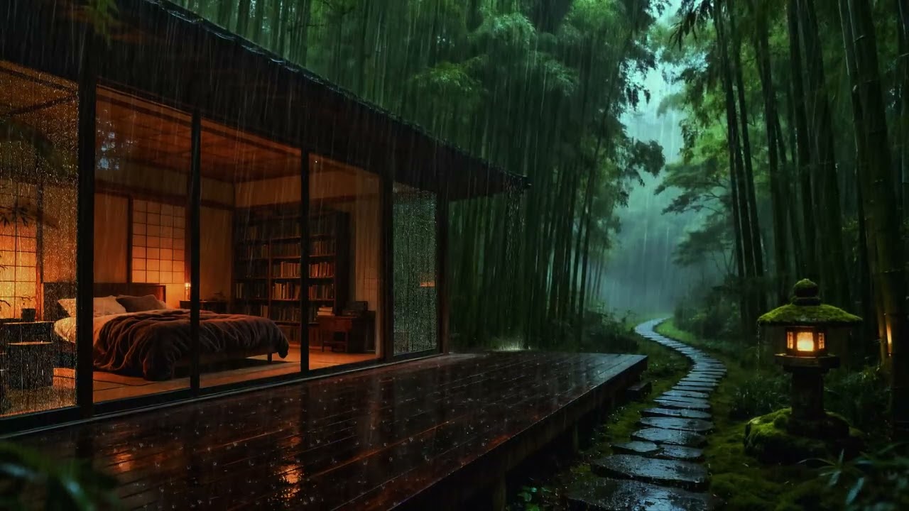 Heavy Rain in Bamboo Forest Cabin 🌧️ Cozy Japanese Room for Deep Sleep & Relaxation