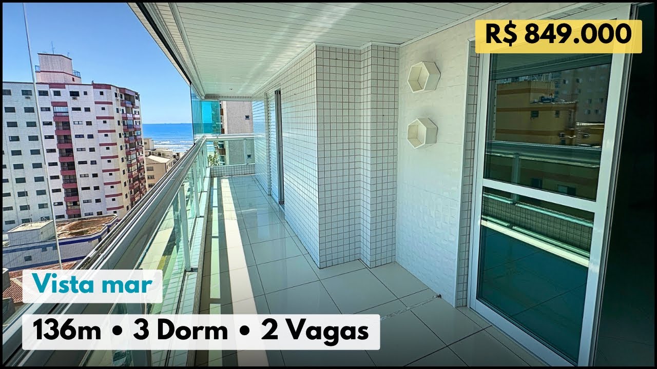 #853 Apartamento vista mar com 3 dormitórios, 2 vagas em Praia Grande -SP