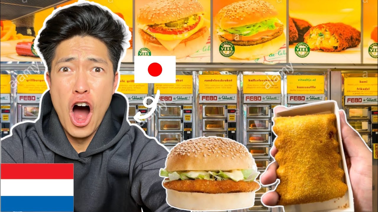 Japanese guy tries Dutch Street Food in a Vending Machine in Amsterdam🇳🇱