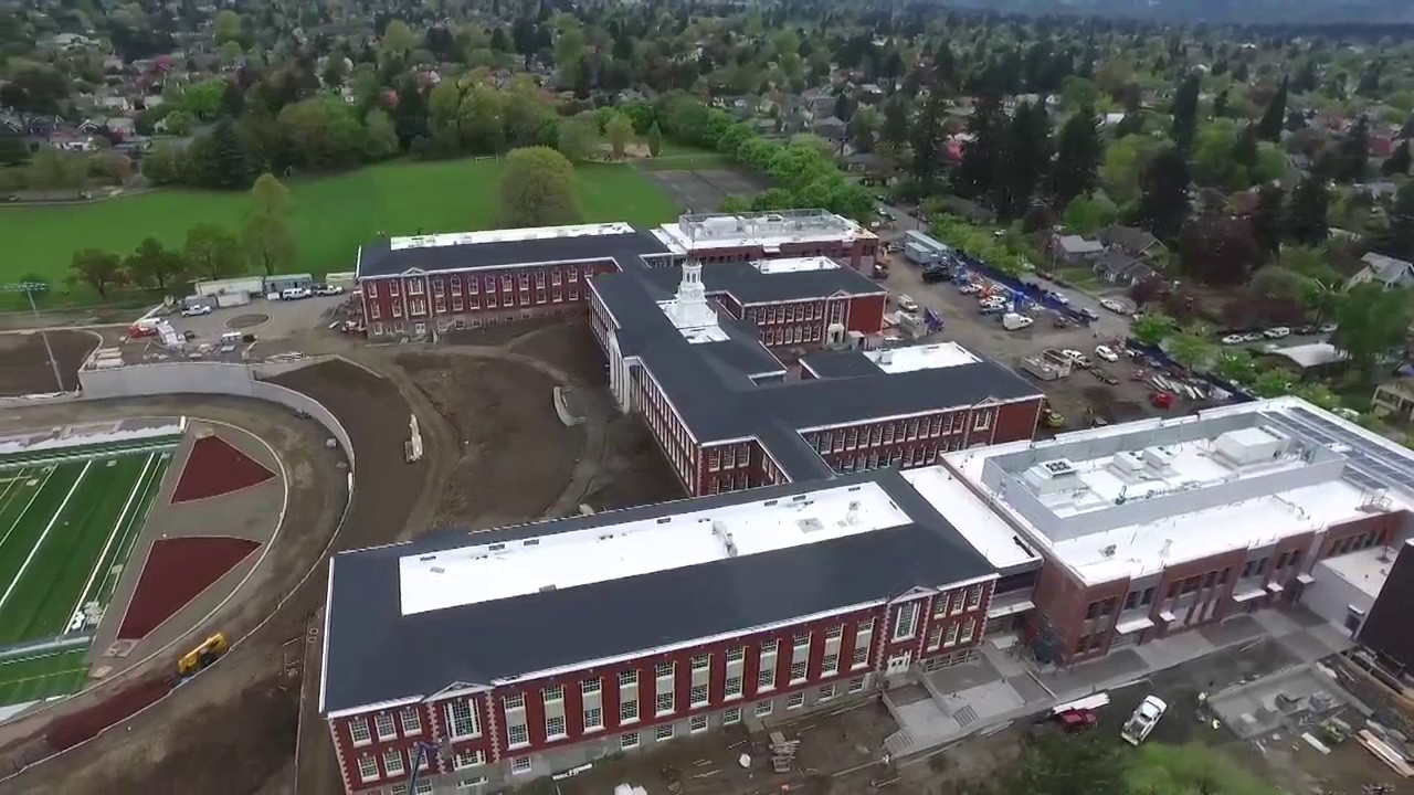 A drone view of renovated Franklin High School