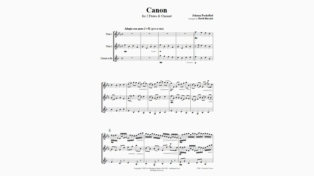 Pachelbel Canon for 2 Flutes & Clarinet, Woodwind Trio PDF Sheet Music Download