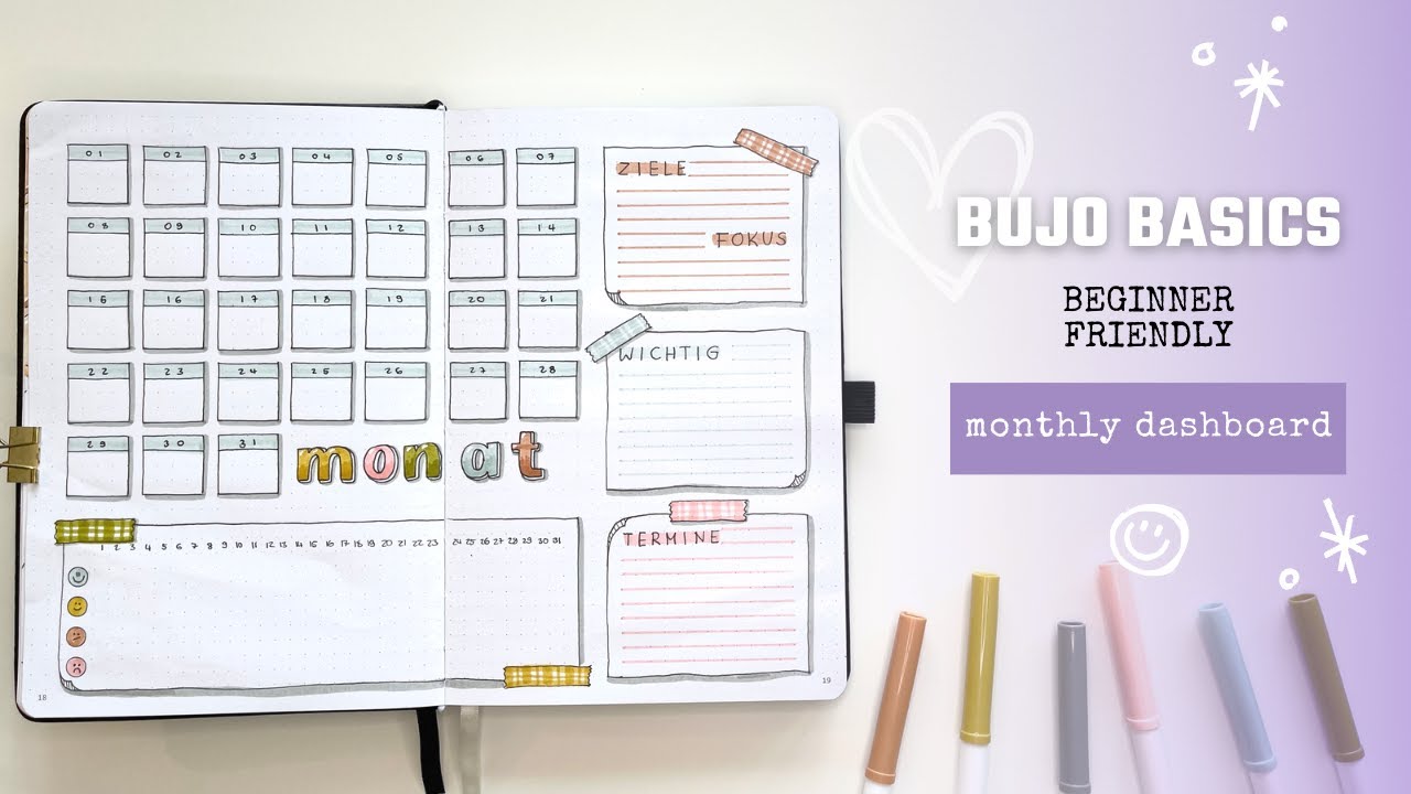 Beginner Bullet Journal Idee Deutsch - Kalender Dashboard - Anf&auml;nger BuJo Basics Inspo - SuperTips
