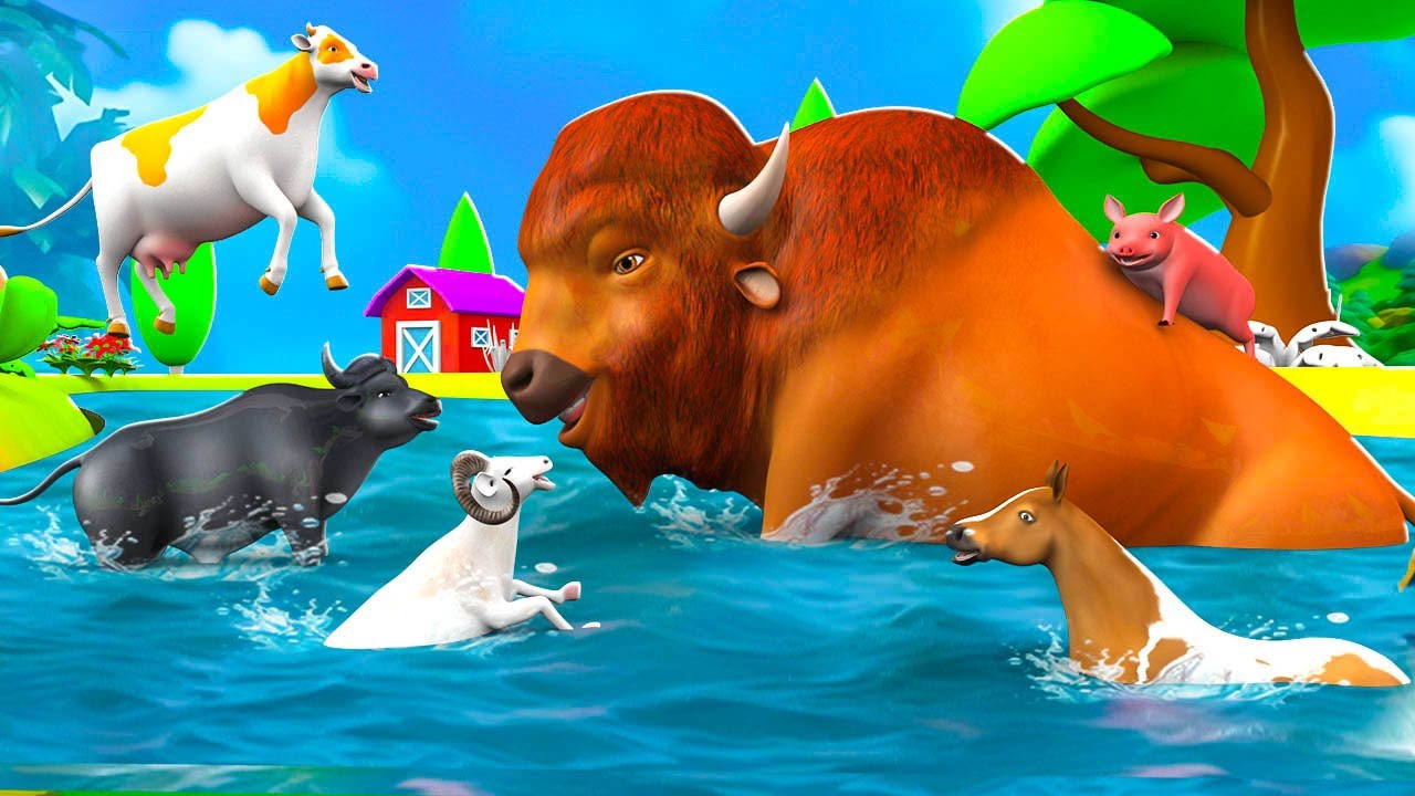 Farm Animals Pool Adventure 🐄🐎🐖 Giant Bison Joins Swimming Fun