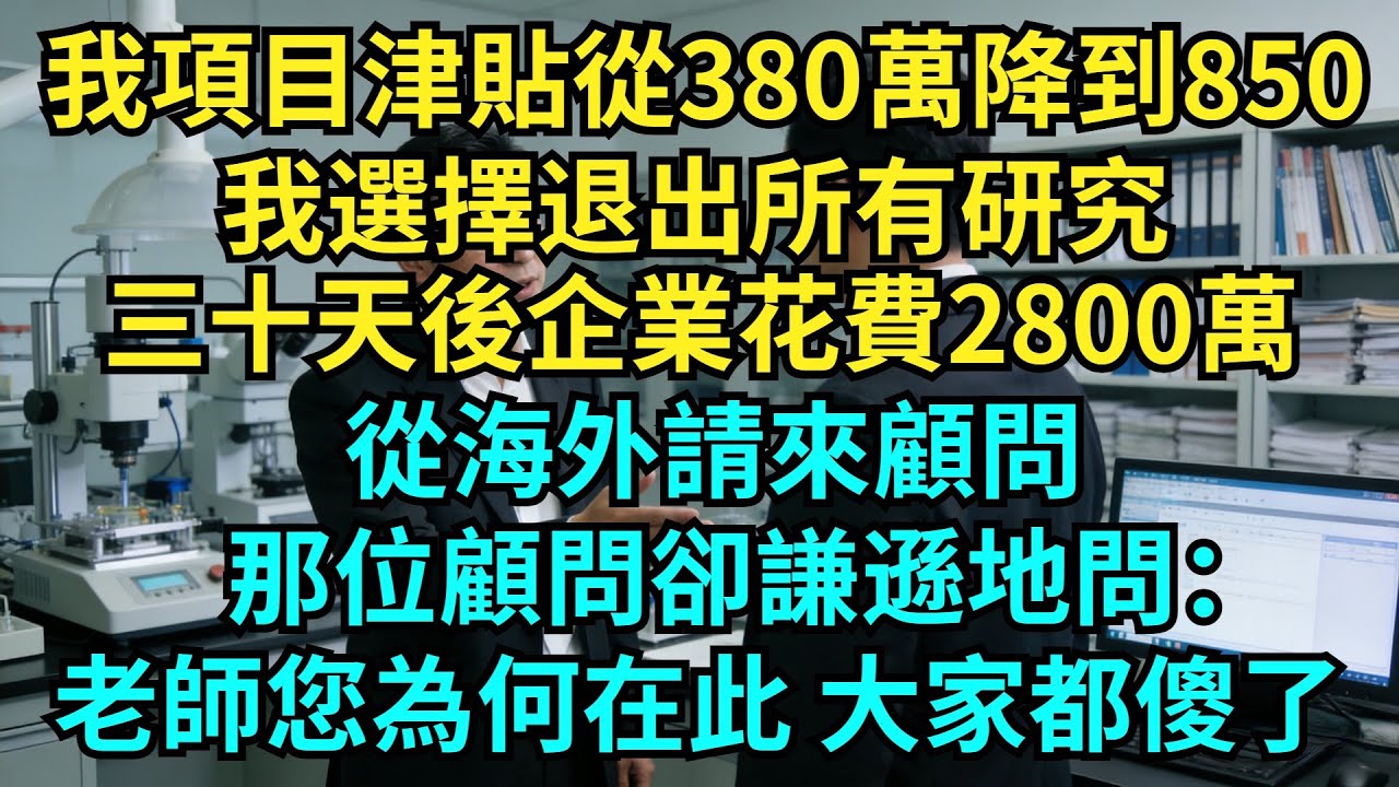 我的項目津貼從380萬降到850元，我選擇退出所有研究，三十天後企業花費2800萬從海外請來顧問，那位顧問卻謙遜地問：老師，您為何在此，所有人聽見這句話全傻眼了#奇聞#秘事#故事 #职场 #职场故事