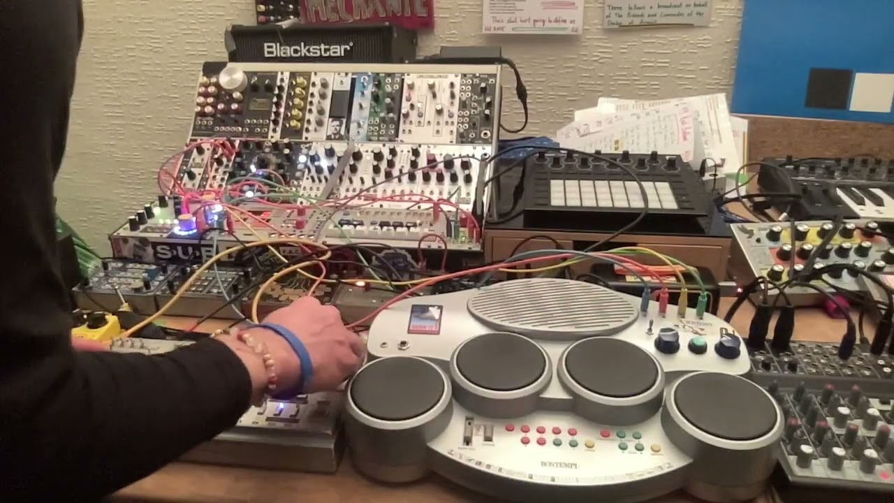 A circuit bent Eurorack-ready Bontempi Classicò with a circuitbent Roland TB-303 (Devilfish)