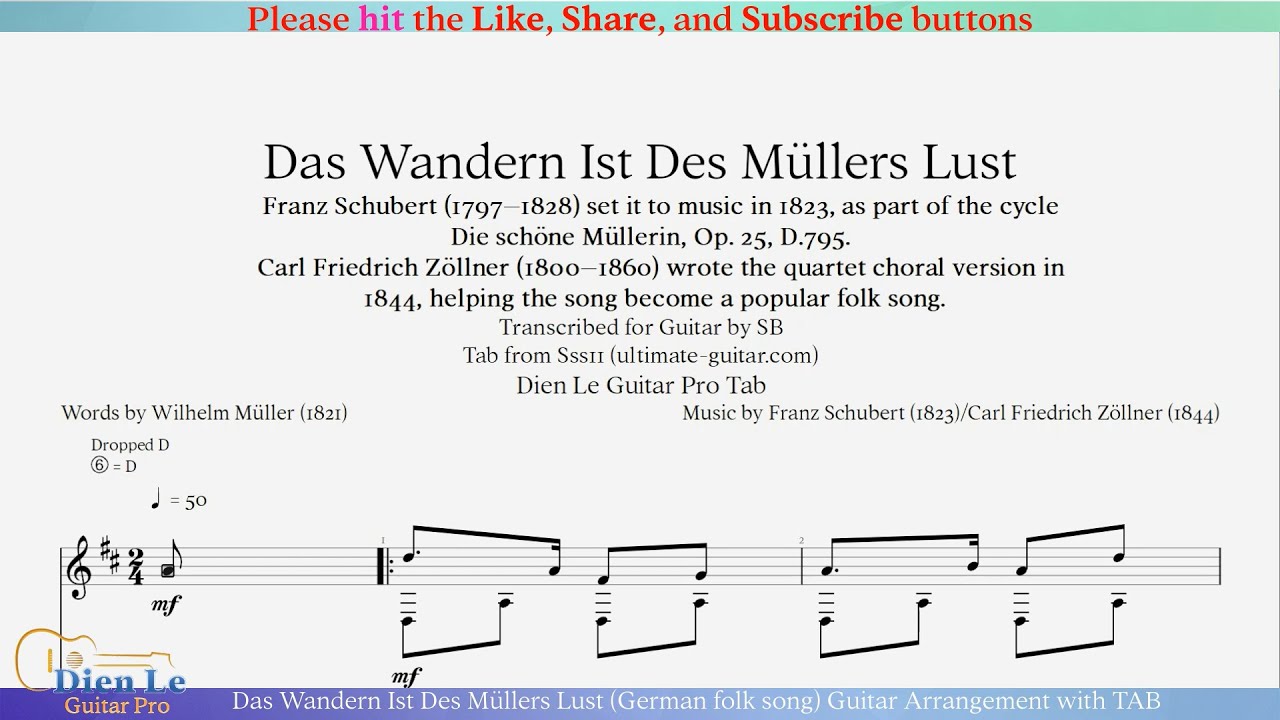 Das Wandern Ist Des Müllers Lust (German folk song) Guitar Arrangement with TAB