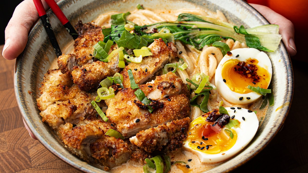Juicy Air Fryer Chicken Katsu with Creamy Noodle Soup