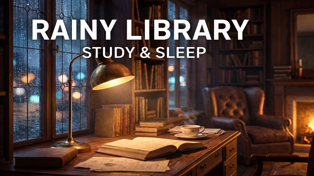 Cozy Rainy Library with Fireplace 🌧️📚 Study & Deep Sleep Ambience (8 Hours 4K)