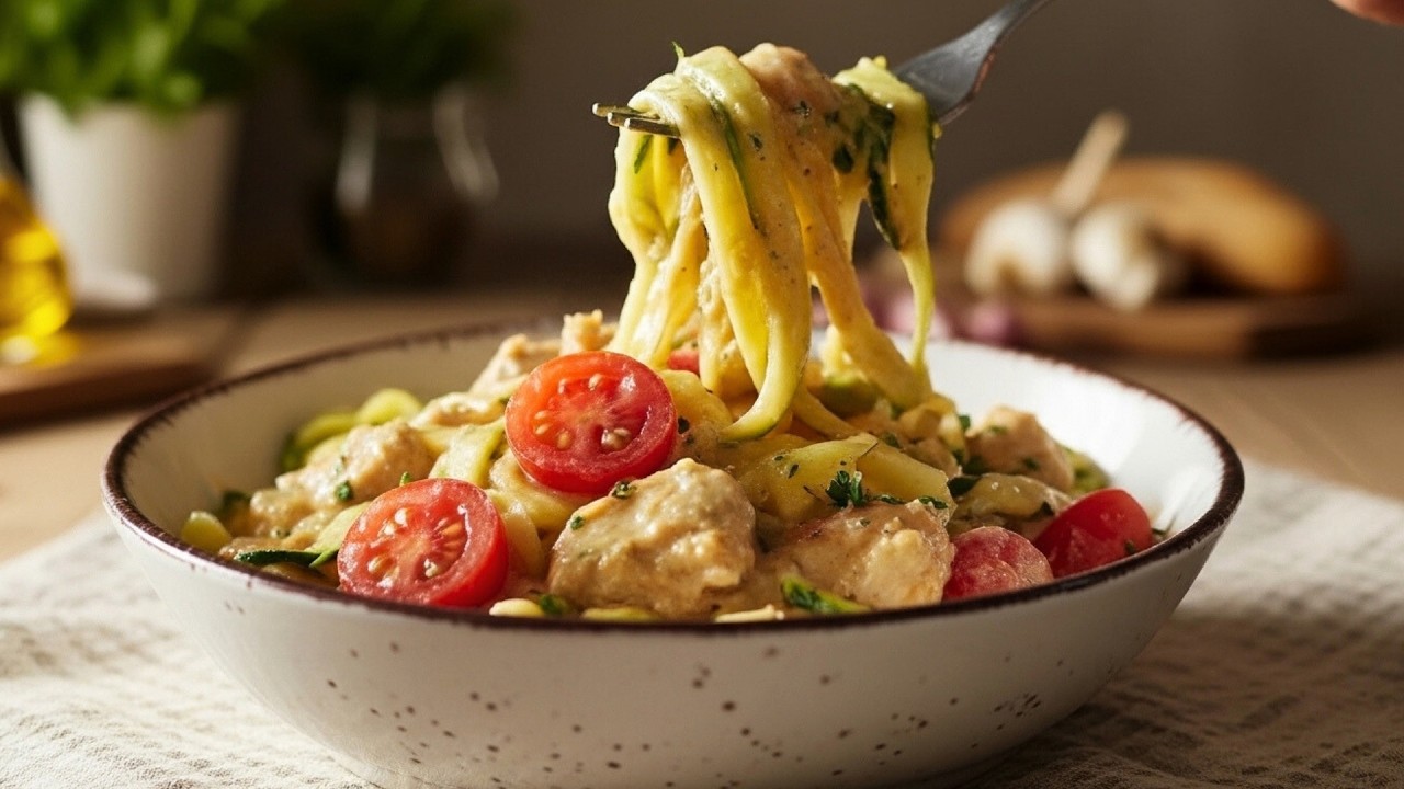 Mniej węgli, ale dalej jak spaghetti - cukinia z kurczakiem w kremowym sosie low carb 🥒🍗⏱️