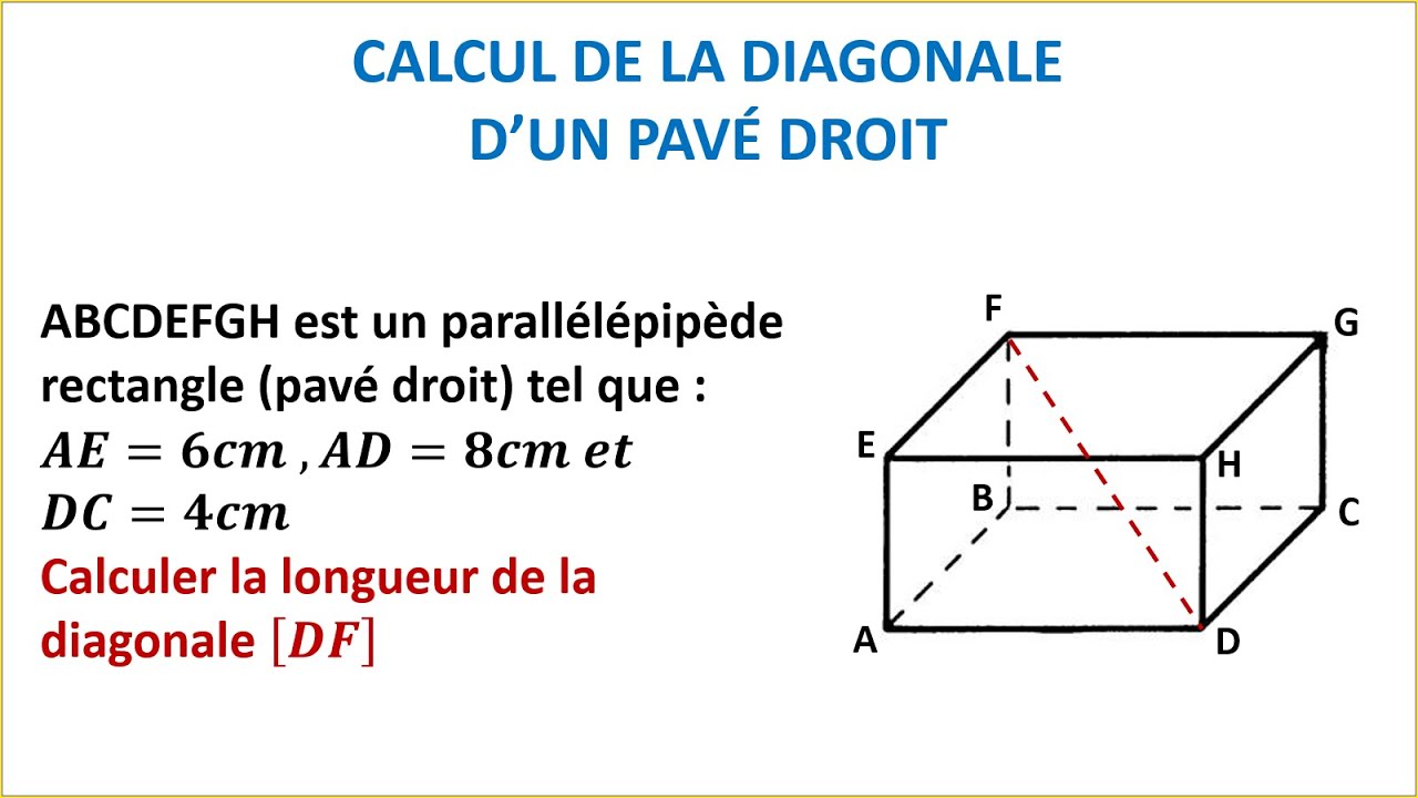 Calculer la diagonale d’un parallélépipède (pavé droit) - 3eme année du collège