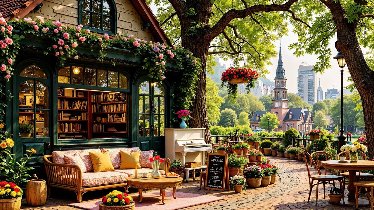 Street Coffee Shop Ambience with Gentle Jazz Music🌺Relaxing Spring Jazz for Deep Focus🌿🐝