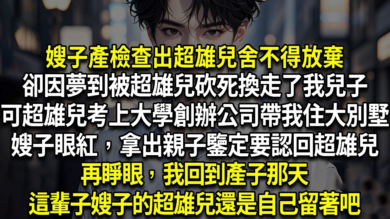 嫂子產檢查出超雄兒舍不得放棄卻因夢到被超雄兒砍死換走了我兒子可超雄兒考上大學創辦公司帶我住大別墅嫂子眼紅了，拿出親子鑒定要認回超雄兒再睜眼，我回到產子那天這輩子嫂子的超雄兒還是自己留著吧