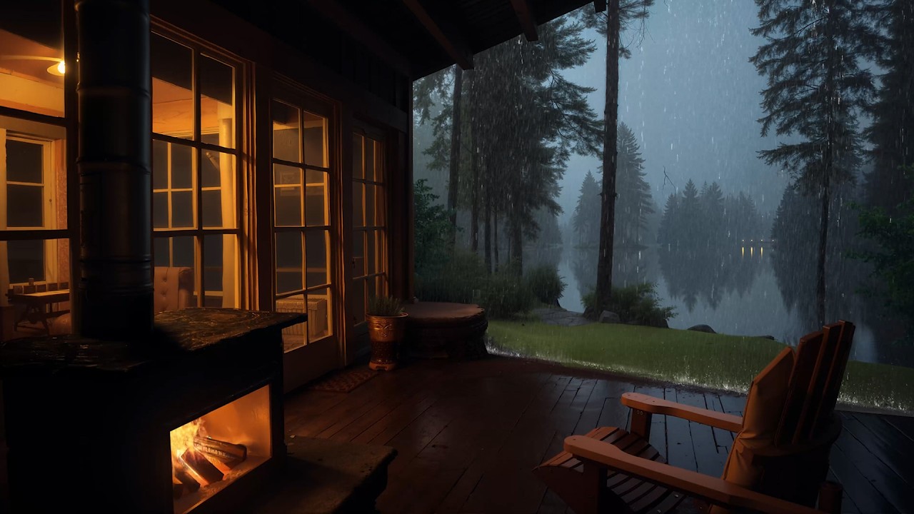 Rain Outside with Fireplace | Cozy Cabin Ambience for Deep Sleep, Stress Relief & Calm