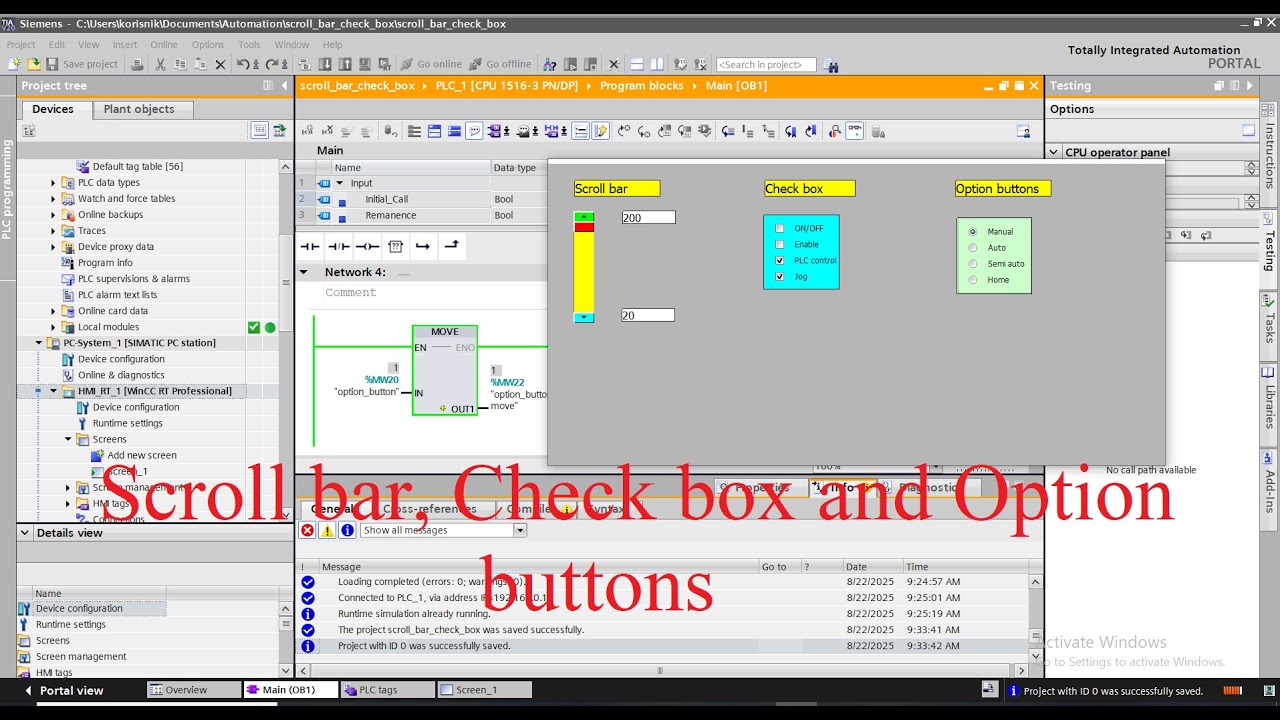 TIA Portal WinCC  (Scroll bar, Check box and Option buttons)