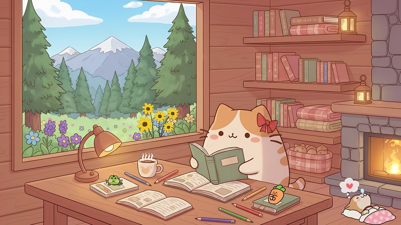Pusheen’s Cozy Spring Cabin 🌸 Lofi Hip Hop for Study & Relaxing 📚 Aesthetic Chill Beats