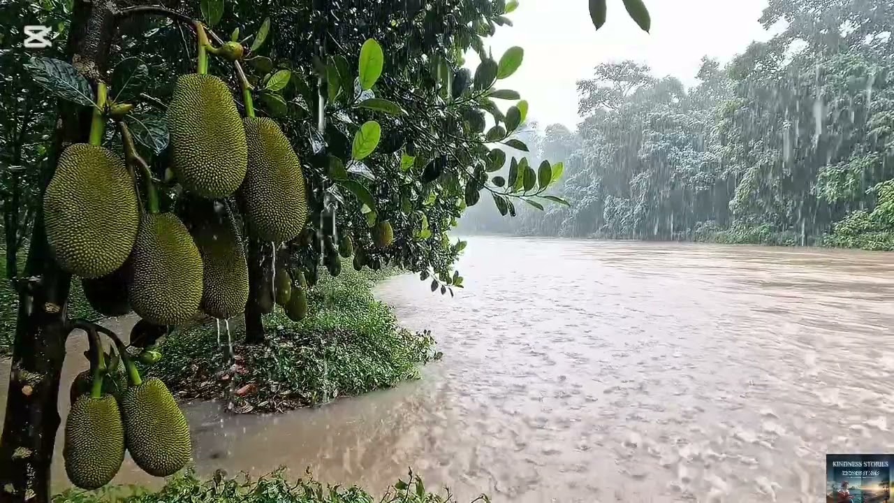 HEALING MUSIC : 1 Hour of Endless Rain- Tropical Jackfruit Garden & Misty River Reflection 