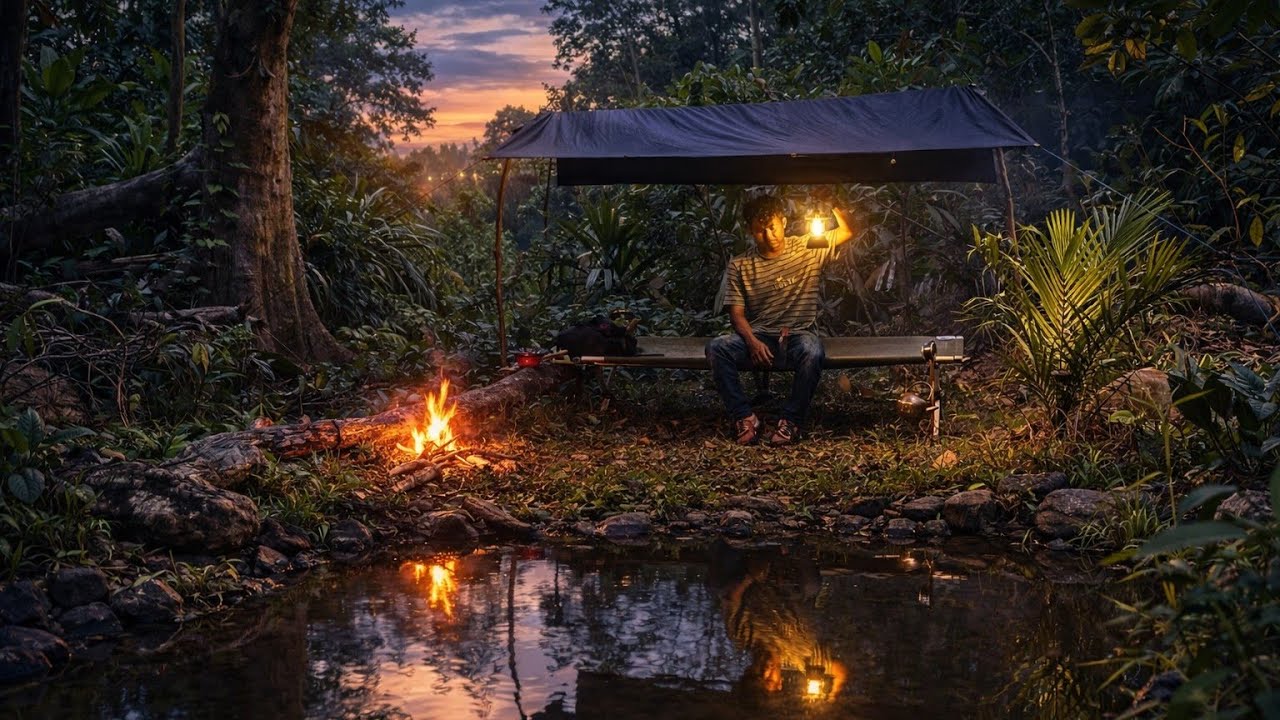 Solo Camping by a Small River | Simple Shelter & Peaceful Nature #camping #bushcraft #survival 