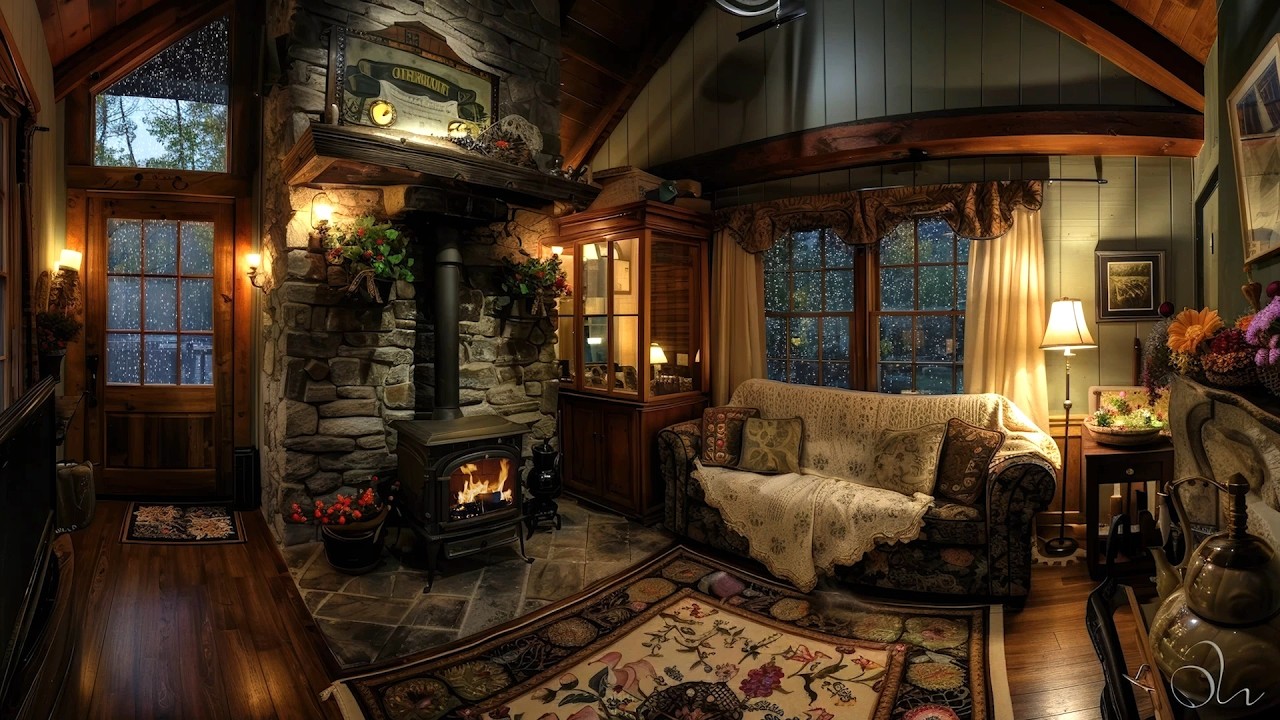 🔴Relaxing Rain Ambience | Sleeping in a Cozy Cabin with Burning Fireplace & Soothing Rain Sounds💤