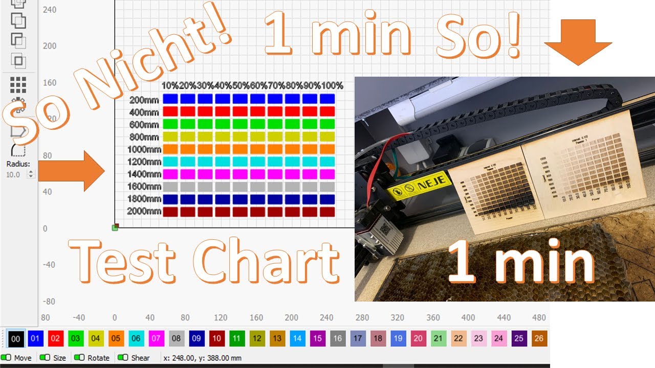 1 Minute Laser Gravier Test Chart in Lightburn erstellen - Neje Master 2S Max - Lightburn Tutorial
