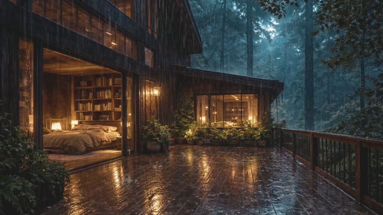 A Cozy Forest Cabin in the Rain for 3 Hours 🌧️ Peaceful Fireplace Night