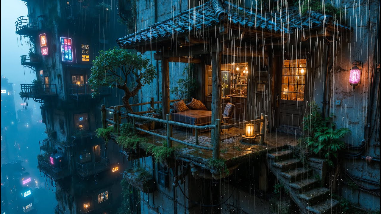 Lofi Rain &ndash; Ancient Tea House Lo-fi in a Cyberpunk City | For Deep Focus, Study, or Chill | 4K