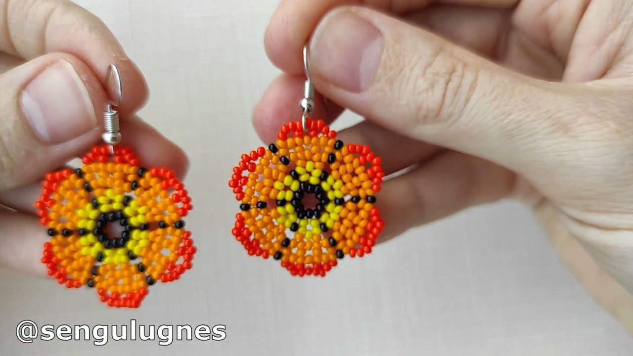 Boncuktan ÇİÇEK KÜPE YAPIMI ( Flower beaded stud earrings ) How to make Earrings #diy #tutorial