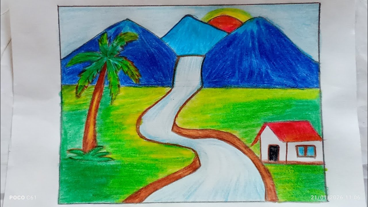 How to draw Simple Landscape scenery drawing and painting colouring for kids.
