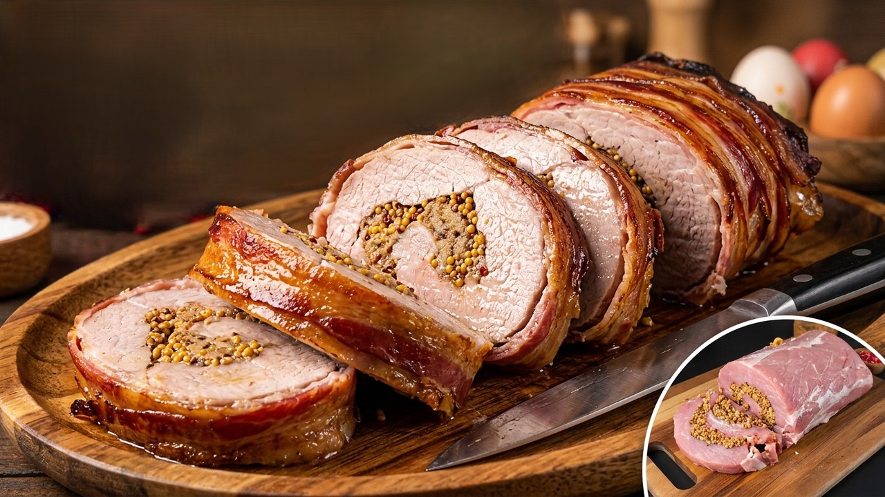 Ich habe ein Schweinefilet mit Senf und Speck gefüllt. Das Ergebnis ist fantastisch! Osterrezept