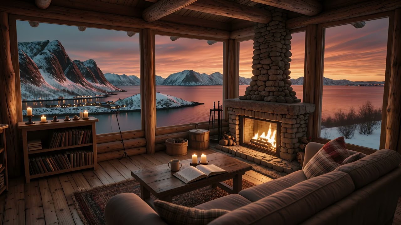 Cozy Mountain Cabin Sunset 🏔️🔥 | Fireplace Ambience with Crackling Fireplace Sounds for Relaxation