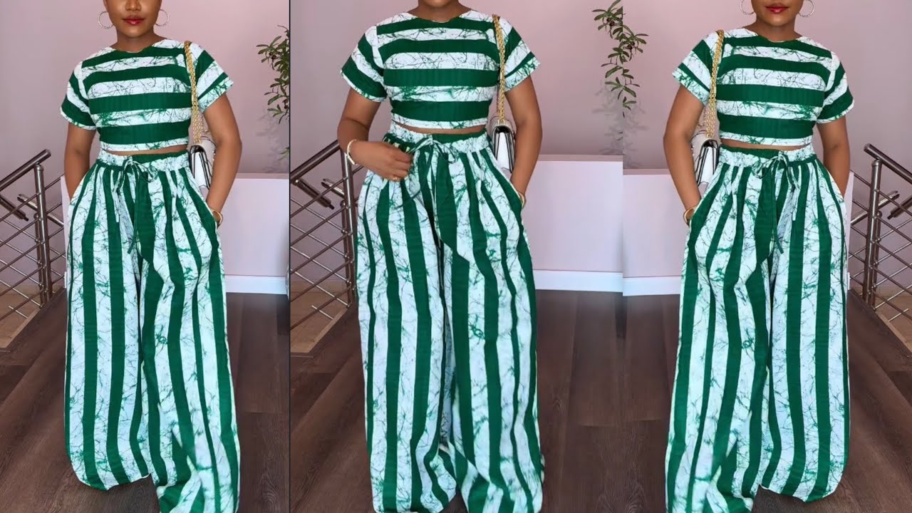 How to cut and sew a baggy Ankara palazzo pant with elastic waist, and a box crop top.