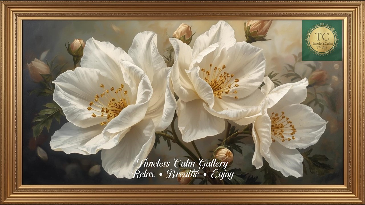 Golden White Roses in a Luxury Frame | Elegant Floral Wall Art for Relaxation & Calm