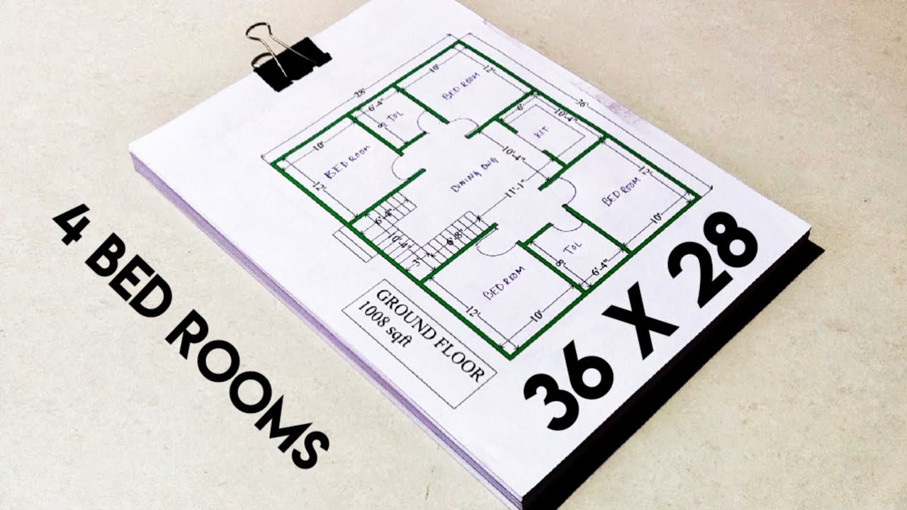 4 bed rooms house plan II 36 x 28 ghar ka naksha II 36 x 28 home design