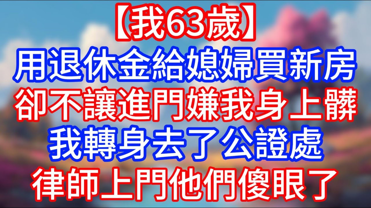 【我63歲】用退休金給兒媳買新房，卻不讓進門嫌我身上髒，我轉身去了公證處律師上門他們傻眼了！#老人社 #小說  #小說推文 #生活經驗 #情感故事 #退休生活 #子女孝順 #老人頻道  #自主養老