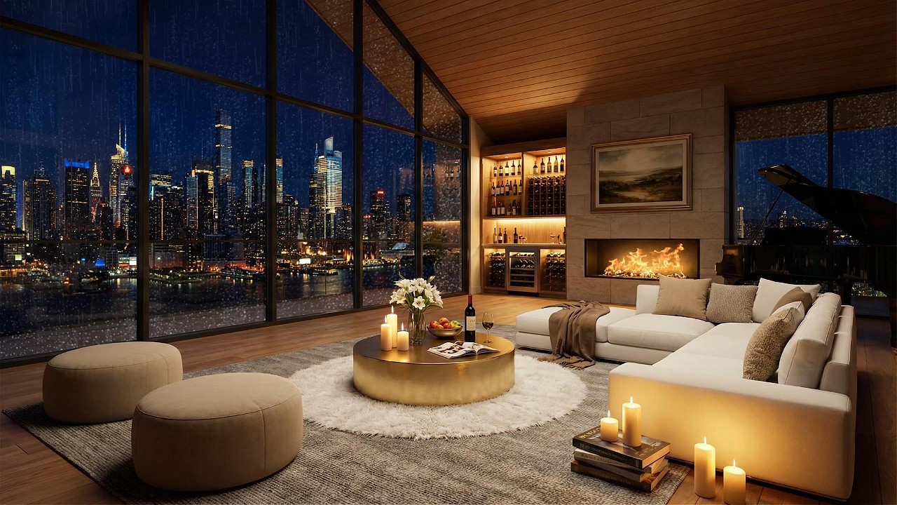 Luxury Penthouse Ambience | Smooth Jazz, Fireplace & Rain [Study / Sleep / Work / Relax]