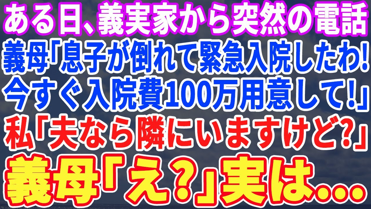 【スカッとする話】義母から突然の電話で「息子が倒れて緊急入院したわ！今すぐ入院費100万用意して！」私「今、隣にいますけど？」義母「え？」実は…