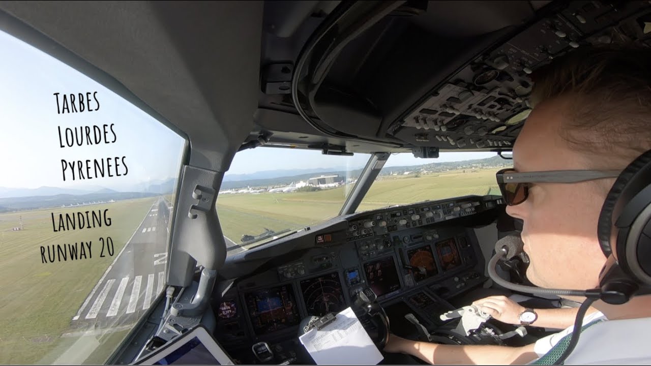 Landing runway 20 Tarbes Lourdes Pyrenees (LDE LFBT) as seen from the cockpit of a Boeing 737.