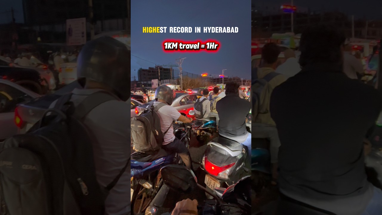 1km travel = 1hr, hyderabad highest record,1Hr heavy rain.#rain #traffic #hyderabad #record #travel