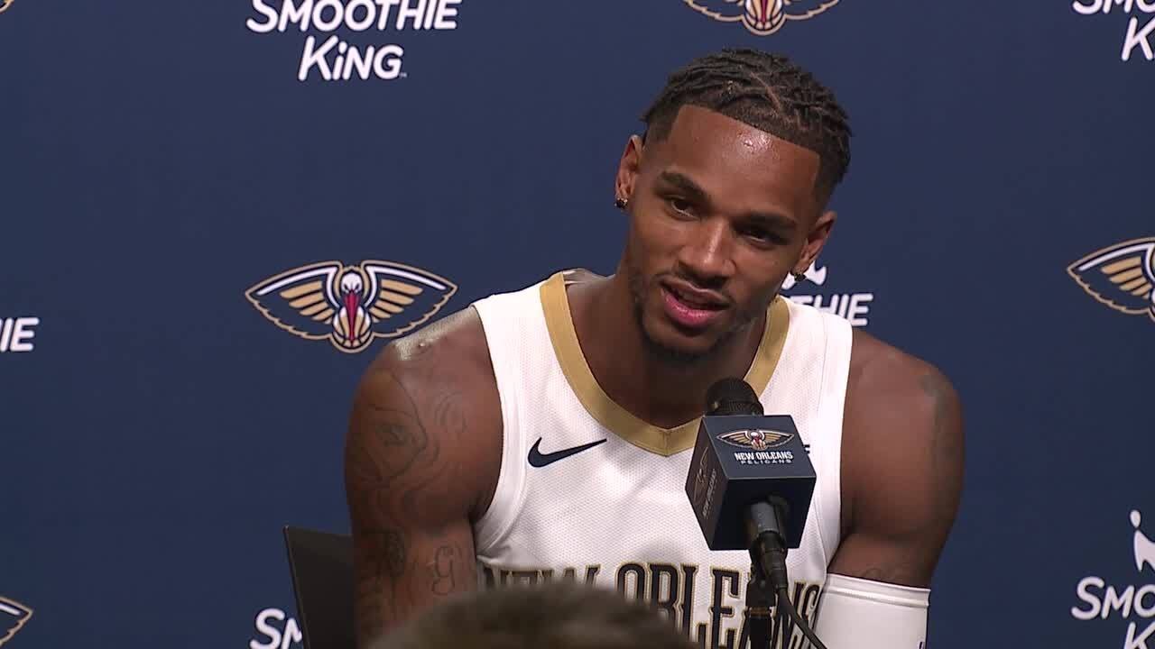 WATCH: Dejounte Murray gives rehab update, mentorship and previews season at Pelicans Media Day
