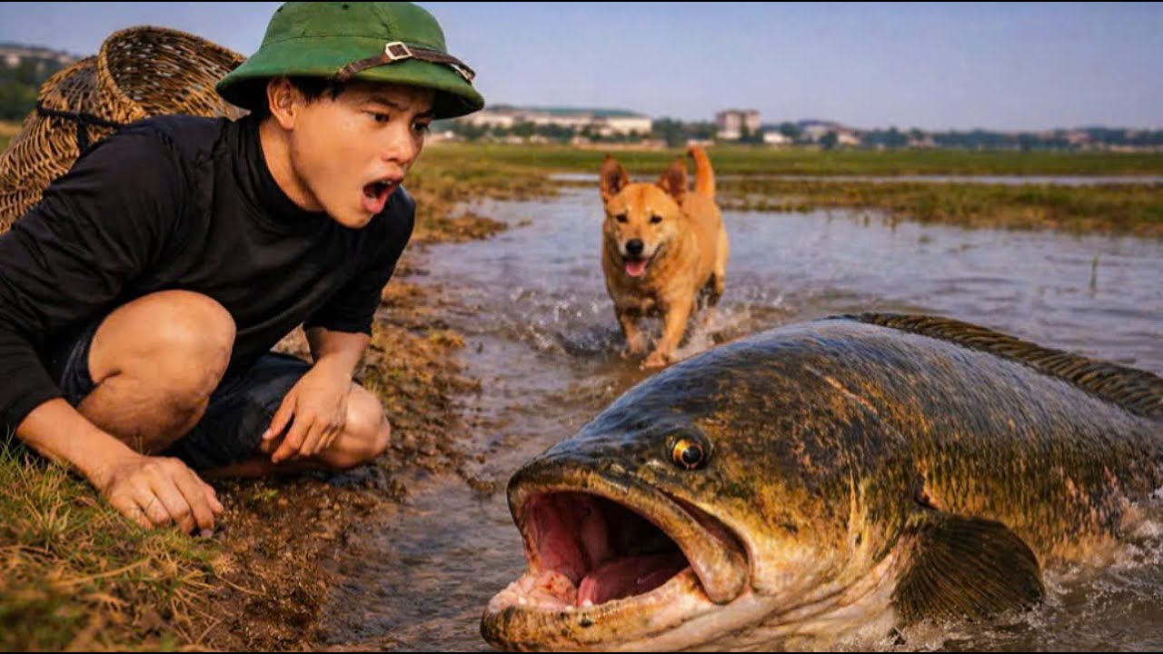 Impossible Catch: Boy and Dog Confront Giant Monster with Bare Hands🧜‍♂️🦈