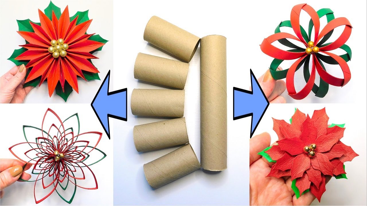 Quick and Easy Christmas Decor Ideas 💖 4 Paper Poinsettia DIY Crafts 💖 How to Reuse Paper Rolls