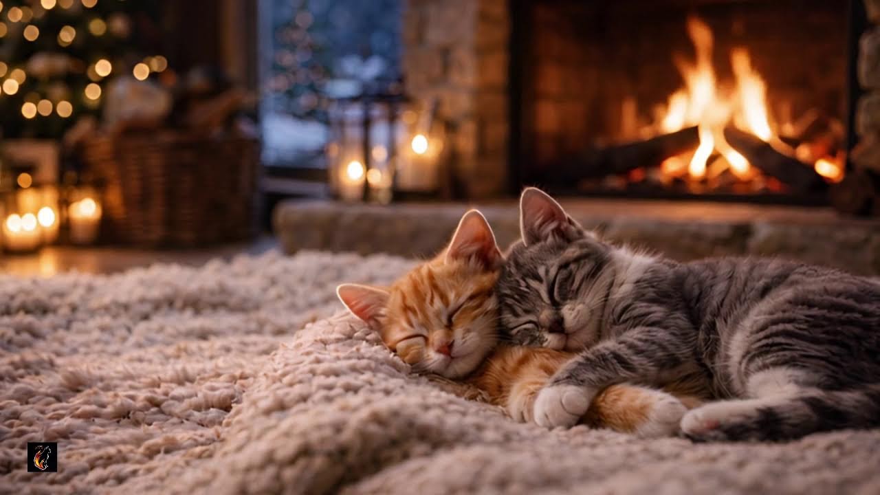 Cozy Fireplace Sleep 🔥 Purring Kitten Ambience for Deep Relaxation 🐾